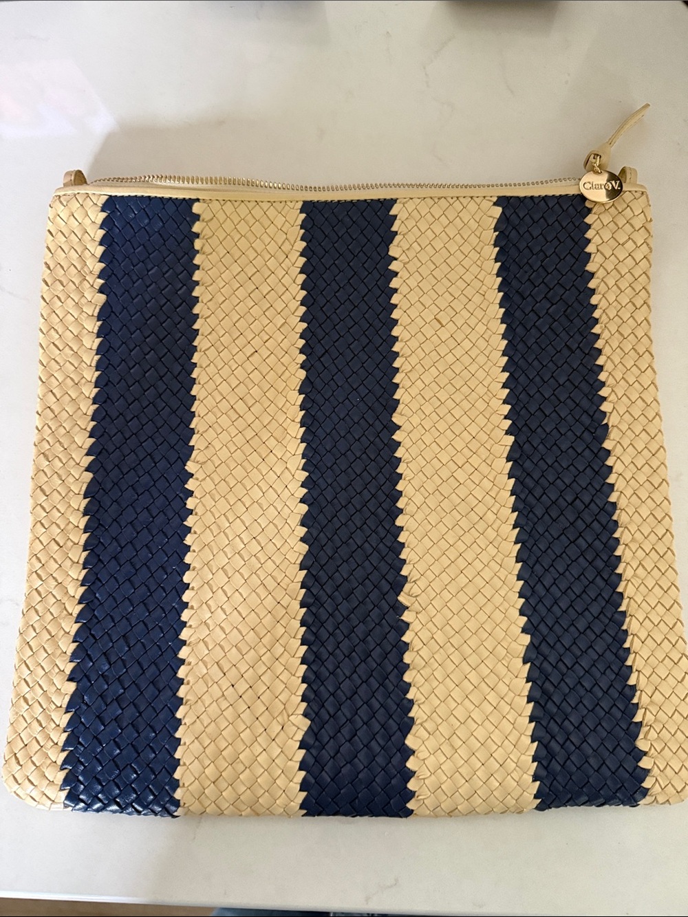 Clare V Navy and Beige Woven Stripe Zip Pouch